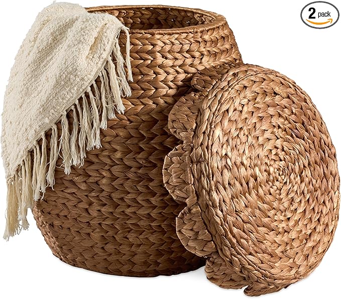 Best Choice Products Scalloped Multipurpose Hyacinth Storage Basket, Plant Décor, Handwoven Organizer Tote for Bedroom, Living Room, Nursey, w/Lid - Chestnut