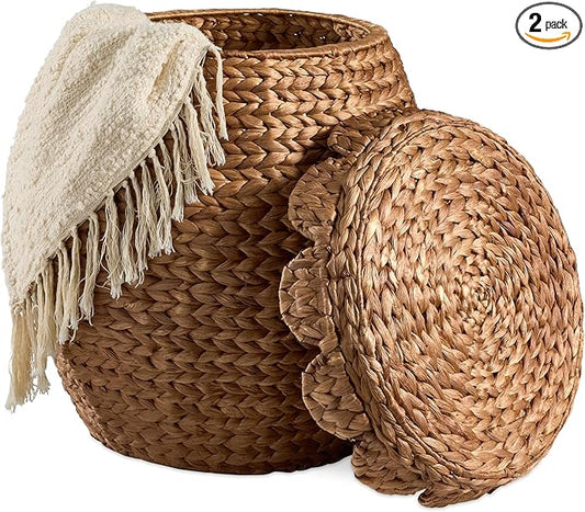 Best Choice Products Scalloped Multipurpose Hyacinth Storage Basket, Plant Décor, Handwoven Organizer Tote for Bedroom, Living Room, Nursey, w/Lid - Chestnut