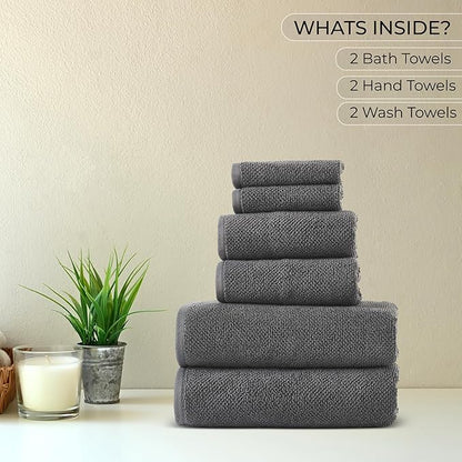 6 Piece Towel Set, 680 GSM 100% Cotton, Premium Quality - 2 Bath Towels, 2 Hand Towels, 2 Wash Cloths-Ultra Soft, Super Absorbent Popcorn Textured Weaved for Home, Spa, Hotels, Bathroom - Charcoal
