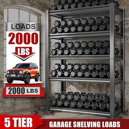 Raybee Storage Shelves 2000LBS Garage Shelving Heavy Duty, 5-Tier Adjustable Garage Shelves, Metal Shelving for Garage, Basement, Warehouse, Pantry, 72" H x 31.5" W x 16.5" D, 2PC, Black