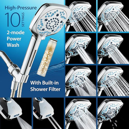 AquaCare High Pressure 10 Spray Mode Filtered Showerhead - Handheld Shower Head Filters Chlorine to Heal Dry Skin, Revive Hair - Dual Power Wash Cleans Tub, Tile, Pets - Hard Water Softener, Chrome