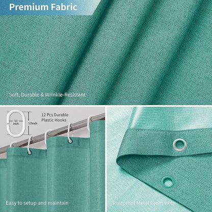 2-in-1 Waterproof Fabric Shower Curtain or Liner,Linen Textured,Breathable TPU & Washable Bathroom Shower Curtain Set with 12 Plastic Hooks,Modern,72"x72" Teal