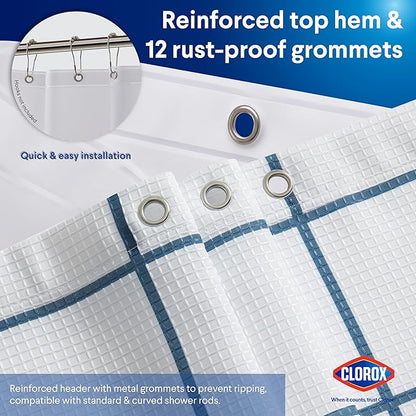 CLOROX Bathroom Waffle Windowpane Pattern Shower Curtain with Waterproof Lightweight PEVA Liner Set, Standard Size, Metal Grommets, No Hooks 72" x 72" - 2 Pc Set - Navy Blue w Frosty PEVA