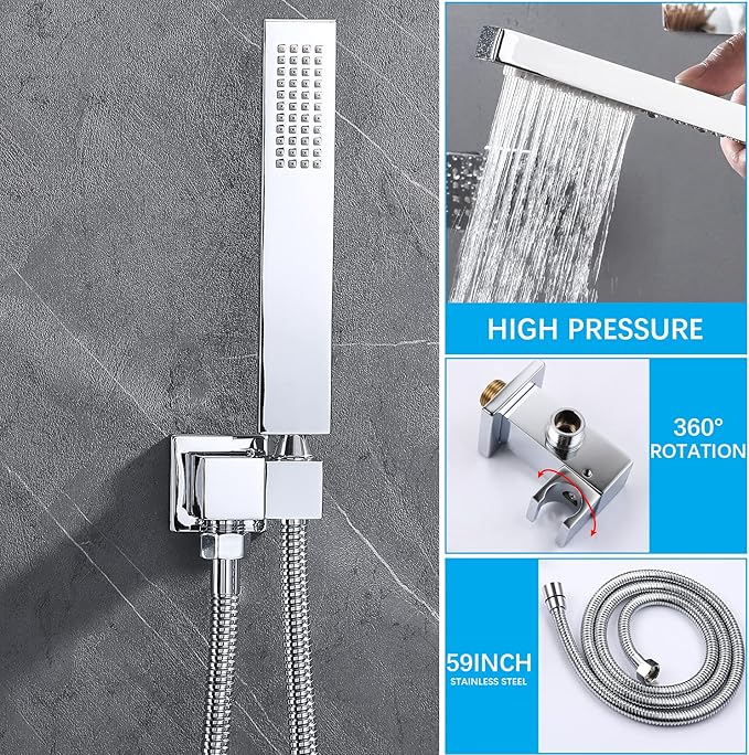 Bathroom Shower System, 16X32 inches Ceiling Mount Thermostatic Large Rain Shower with Adjustable Flow Body Jets, Multi Shower Jets System Can Run All At Once (Chrome)