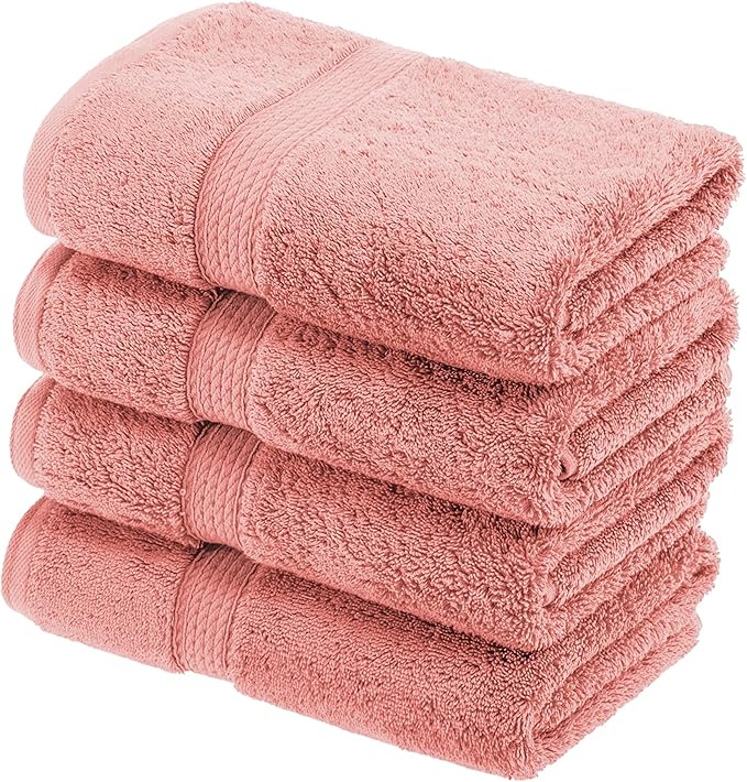 BLUENILEMILLS BNM Egyptian Cotton 4-Piece Towel Set, Includes 4 Hand Towels, Attached Loop for Easy Hanging and Storage, Hotel Quality, Perfect for Bathroom, Gym, Shower Space, or Spa, Tea Rose