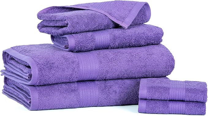 Ample Decor 100% Cotton Luxury 6 Piece Towels Set, 2 Bath Towels, 2 Hand Towels, 2 Wash Cloths for Bathroom - Purple Towel Sets