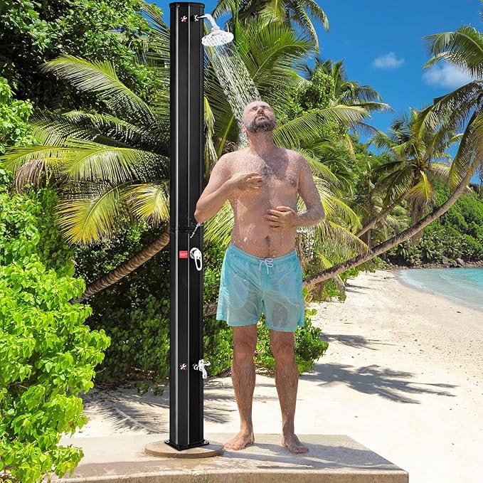 Goplus 9.3 Gallon Solar Heated Outdoor Shower, 7.2 FT Freestanding Garden Shower with 360° Swivel Shower Head, Foot Shower & Temperature Adjustment, for Poolside Backyard Beach (Black)