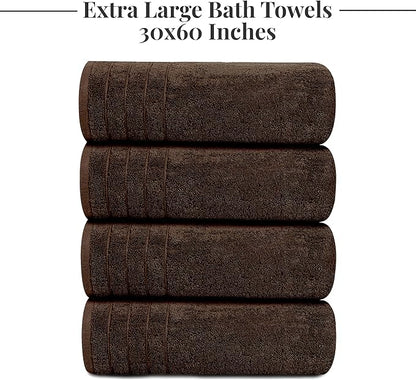 Tens Towels Pack of 4 Extra Large Bath Towels 30 x 60 Inches, 100% Cotton, Larger & Lighter Weight, Quicker to Dry, Super Soft and Absorbent, Perfect for Bathroom, Brown