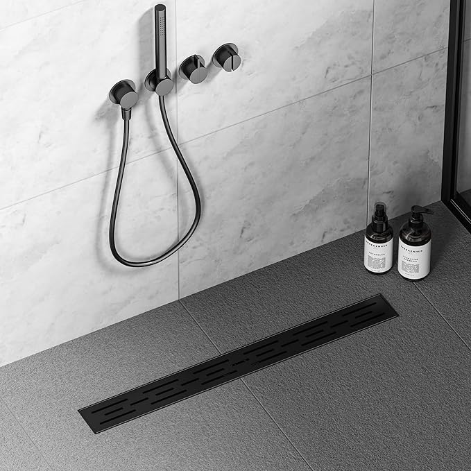 Neodrain 24 in Matte Black Linear Shower Drain, Rectangular Linear Drain for Shower with Brick Pattern Grate, 304 Stainless Steel Bathroom Floor Drain