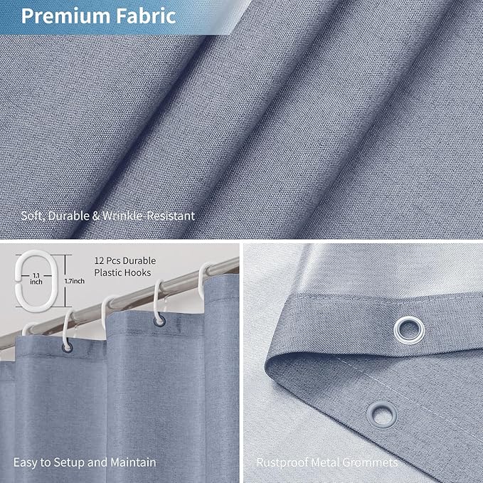 2-in-1 Waterproof Long Fabric Shower Curtain or Liner,Linen Textured,78 Inch Breathable TPU & Washable Bathroom Shower Curtain Set with 12 Plastic Hooks,Modern,72"x78" Blue Gray