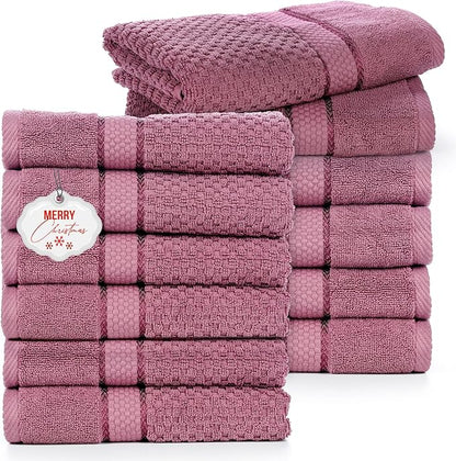 Ample Decor 100% Cotton Hand Towel for Kitchen Set of 12, Absorbent Premium Quality for Bathroom, Hotel, Spa, Gym, Kitchen - 18 X 28 Inch, Grape Purple, Mulaayam Collection