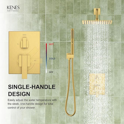 KENES Brushed Gold Rainfall Bathroom Shower System Rain Shower Head and Handle Set, Shower Faucet Set with 10-Inch Rain Showerhead and Handheld Spray, (Shower Valve Included), LJ-6026A-4