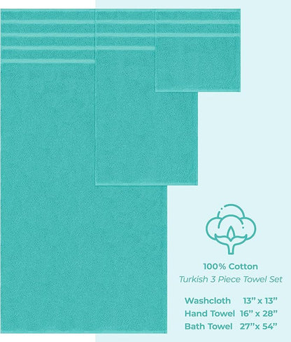 American Soft Linen Premium 3 Piece Towel Set, 1 Bath Towel 1 Hand Towel 1 Washcloth, 600 GSM 100% Cotton Turkish Towels for Bathroom, Turquoise Towel Set