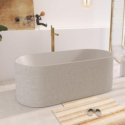 63" Premium Travertine Solid Surface Freestanding Bathtub, Unique Matte Textured Surface Stone Resin Soaking Tub with Pop-up Drain