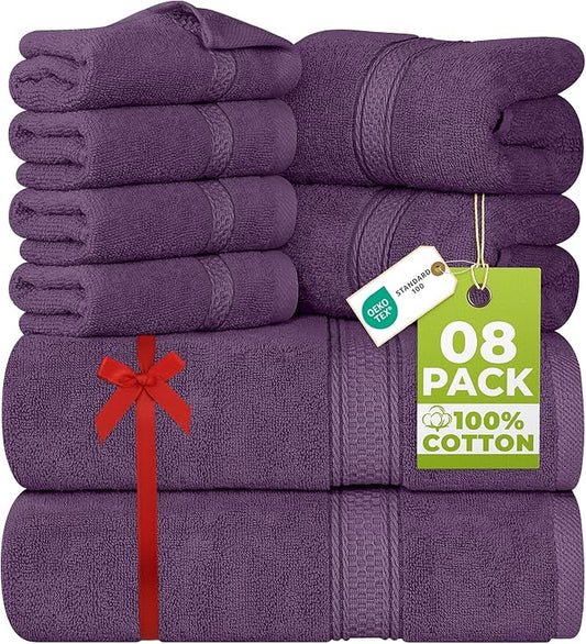 Utopia Towels 8 Piece Luxury Towel Set – Majestic Plush, Super Absorbent & Quicker-to-Dry, Thick 100% Ring Spun Cotton Towels for Bathroom, Spa & Hotel – 2 Bath, 2 Hand, 4 Washcloths, Plum