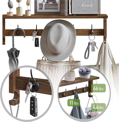 AMBIRD Coat Rack Wall Mount with Shelf, 28.9 Inches Coat Hooks Wall Mounted with 5 Hooks, Wall Hat Hooks for Hanging in Entryway, Living Room, Bathroom, Bedroom (Brown)