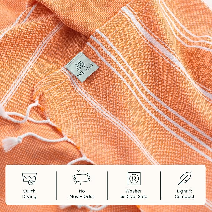 WETCAT Turkish Hand Towels with Hanging Loop, Set of 2 (20" x 30") 100% Turkish Cotton, Pre-Washed, Quick Drying, for Kitchen or Bathroom - Orange