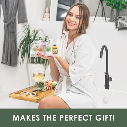 from Son, Premium Bamboo Bathtub Caddy Tray Gift Set with Bath Bombs, Shower Gel, Shampoo & Bubble Bath, Luxury Bathtub Trays with Book & Wine Holder, Expandable Tray to Fit Any Tub