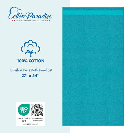 Cotton Paradise 4 Piece Turkish Bath Towels for Bathroom, 100% Cotton Extra Large Soft Plush Towels Bathroom Set, Aqua Blue