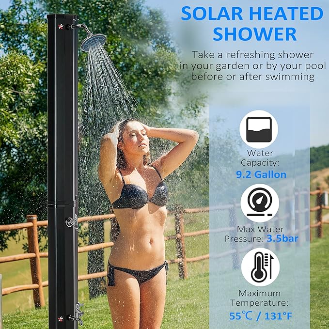 Outdoor Pool Shower Solar Heated, 9.3 Gallon Garden Pool Shower w/ 360° Swivel Shower Head and Foot Shower Tap, for Outdoor Backyard Poolside Beach Pool Spa