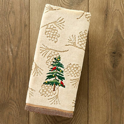 SKL Home Christmas/Winter Seasonal Fir 100% Cotton Embroidered 2pc Hand Towel Set, Decorative Jacquard for Bath/Kitchen/Bar, Wheat