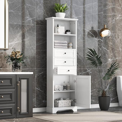 Favfurish 67" Tall Bathroom Storage Cabinet with Door and 3 Drawers,Modern Linen Cabinets w/Adjustable Shelf & 2-Tier Open Shelves,Freestanding Organizer for Bath Room,Study,Office,White