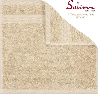 American Soft Linen Salem Washcloth Sets, 4 Piece Luxury 600 GSM 100% Cotton Washcloths for Bathroom, 13x13 inches Washrags Premium Quality Hand Face Towels, Beige