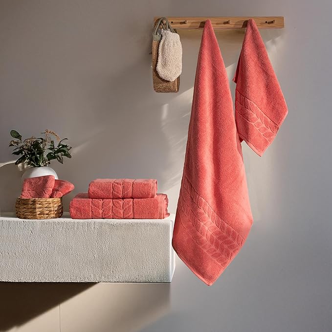 BAGNO MILANO Organic Turkish Cotton Bath Towels, Luxury Jacquard Collection, Certified Organic Highly Absorbent, Soft-Plush Towel Set (Coral Red, Bathsheet)