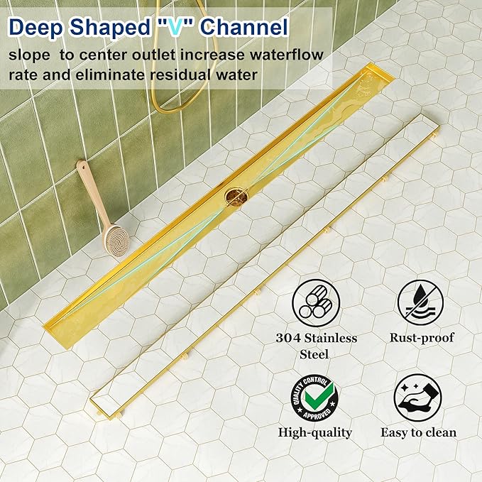 Neodrain 36-Inch Linear Shower Drain with Tile Insert Grate, Golden 304 Stainless Steel Rectangle Shower Floor Drain, Linear Drain with Leveling Feet, Hair Strainer