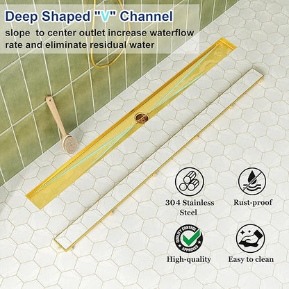 Neodrain 36-Inch Linear Shower Drain with Tile Insert Grate, Golden 304 Stainless Steel Rectangle Shower Floor Drain, Linear Drain with Leveling Feet, Hair Strainer