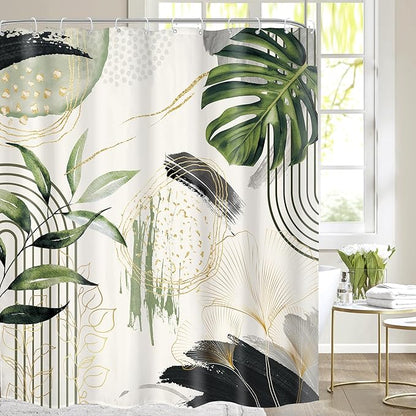 Grey Green Boho Shower Curtain 72Wx78H Long Tropical Palm Leaves Abstract Modern Bohemian Minimalist Gold Leaf Mid Century Bathroom Decor Botanical Bath Curtain Fabric Polyester 12 Pack Hooks