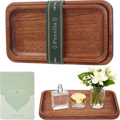 Solid African Ebony Wood Tray Set, 2-Pc Handmade, 9"x5.1" & 8.5"x4.5", for Bathroom Counter Organization, Vanity Tray, and Charcuterie Board, to Neatly Hold Candles, Perfume, and Jewelry