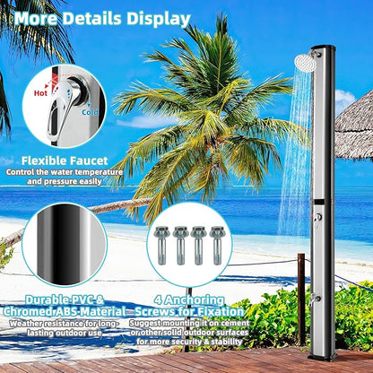 Giantex 7.2 FT 10 Gallon 2-Section Solar-Heated Outdoor Shower, Pool Shower W/Free-Rotating Shower Head, Foot Tap Spigot, Faucet, Temperature and Pressure Adjustment for Backyard, Garden, Beach Spa