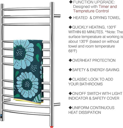 HEATGENE Electric Towel Warmer with Built-in Timer & Temperature Control, Wall-Mounted 12-Bar Large Towel Rack, Plug-in/Hardwired Heated Towel Rail for Bathroom - Mirror Polish