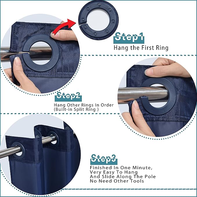 Conbo Mio Stall No Hook Shower Curtain with Snap in Liner Set, Hotel Luxury Navy Blue Shower Curtains for Bathroom with See Through Top Window, Waterproof, Washable 36W x 74H