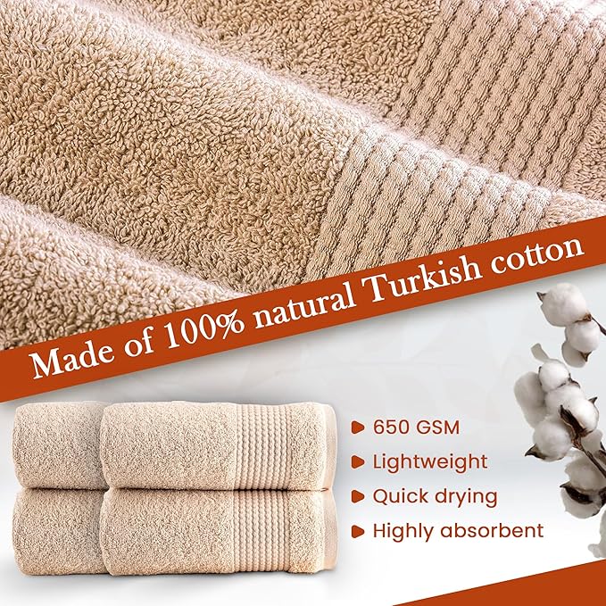 HALLEY Turkish Cotton Towels (Pack of 4) Hand Towels Super Soft Highly Absorbent 100% Cotton Towels for Bathroom and Kitchen for Mother’s Day (Tan)