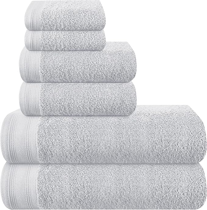 Ultra Soft 6 Pack Cotton Towel Set, Contains 2 Bath Towels 28x55 inch, 2 Hand Towels 16x24 inch & 2 Wash Coths 12x12 inch, Ideal Everyday use, Compact & Lightweight - Light Grey