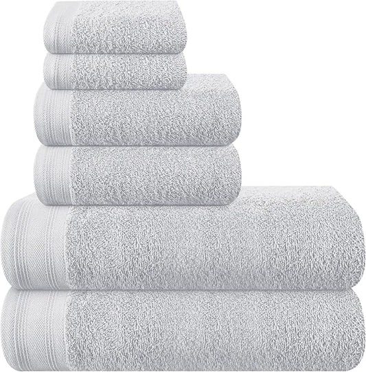 Ultra Soft 6 Pack Cotton Towel Set, Contains 2 Bath Towels 28x55 inch, 2 Hand Towels 16x24 inch & 2 Wash Coths 12x12 inch, Ideal Everyday use, Compact & Lightweight - Light Grey