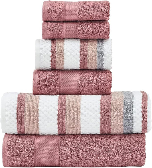 Modern Threads Pax 6-Piece Reversible Yarn Dyed Jacquard Towel Set - Bath Towels, Hand Towels, & Washcloths - Super Absorbent & Quick Dry - 100% Combed Cotton, Rosewood (Pack of 8)