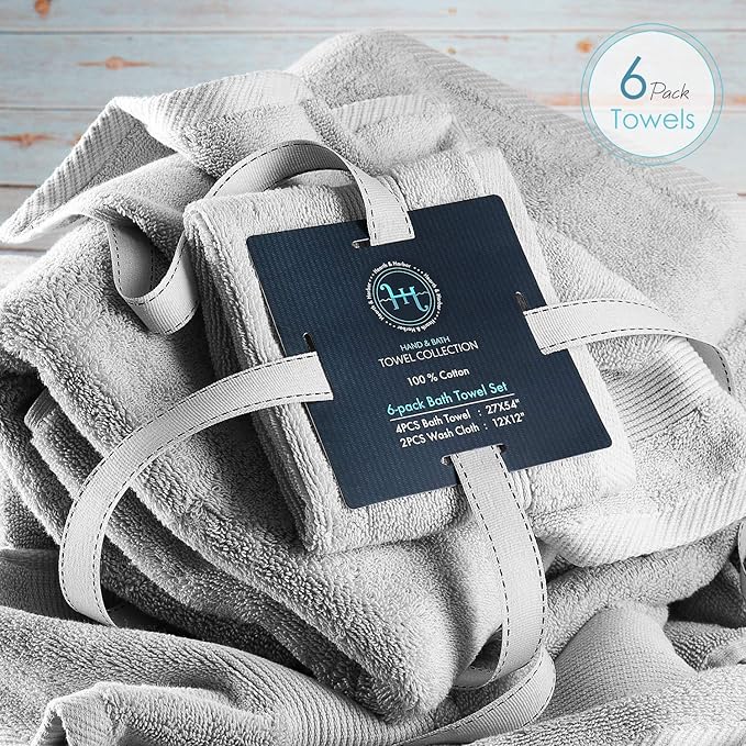 Hearth & Harbor Bath Towels for Bathroom - 100% Ring Spun Cotton Luxury Bathroom Towels - Ultra Soft & Highly Absorbent, Bath Towels Set of 6 - Silver Gray