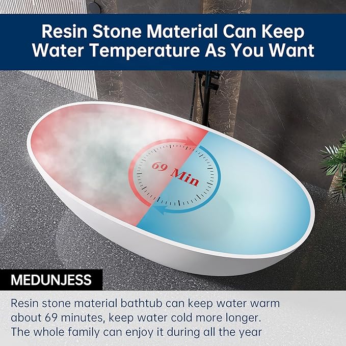 71'' Resin Stone Soaking Bathtub Freestanding Bathtub Solid Surface Modern Tubs with Overflow and Pop-up Drain in White…