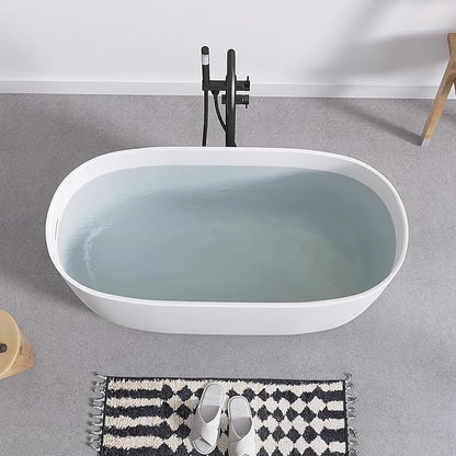 SJ STAR&JANE 47" Solid Surface Freestanding Bathtub Modern Stone Resin Oval Soaking Tub with Side Drain in Matte White