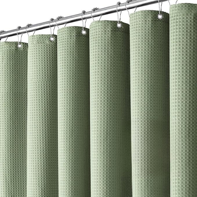Inhousolu Fabric Shower Curtain Waffle Weave, Sage Green 230 GSM Heavy Duty, Weighted Hem, 14 Metal Hooks, Water Repellent, Machine Washable, Hotel Spa Luxury Bath Curtain Set, 72 x 78 Inch