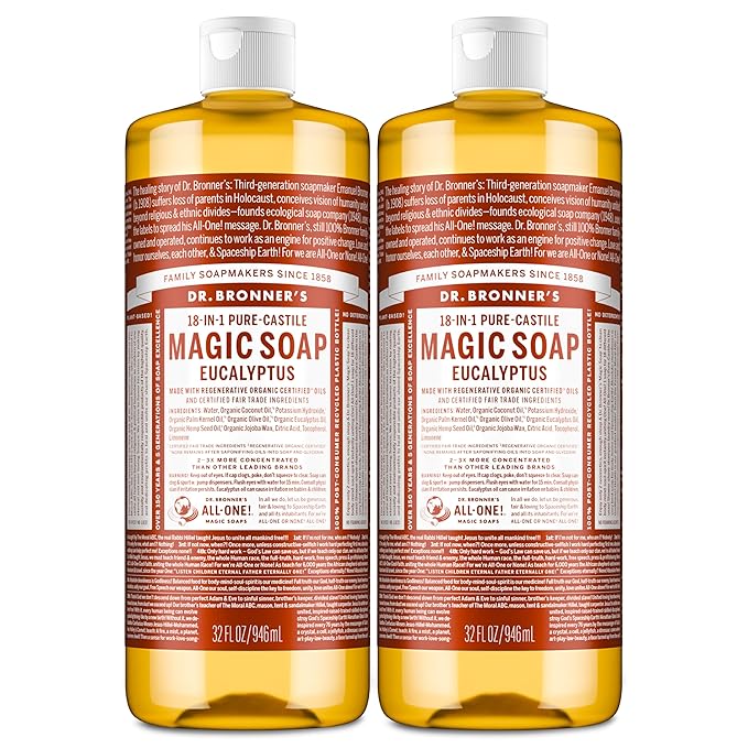 Dr. Bronner's Magic Soap - Pure-Castile Liquid Soap (Eucalyptus, 32 ounce, 2-Pack) -Regenerative Organic Certified Oils, 18-in-1 Uses: Body, Hair, Laundry, Pets & Dishes, Concentrated, Vegan, Non-GMO