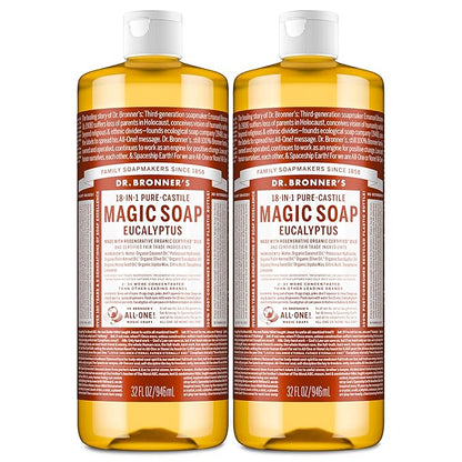 Dr. Bronner's Magic Soap - Pure-Castile Liquid Soap (Eucalyptus, 32 ounce, 2-Pack) -Regenerative Organic Certified Oils, 18-in-1 Uses: Body, Hair, Laundry, Pets & Dishes, Concentrated, Vegan, Non-GMO