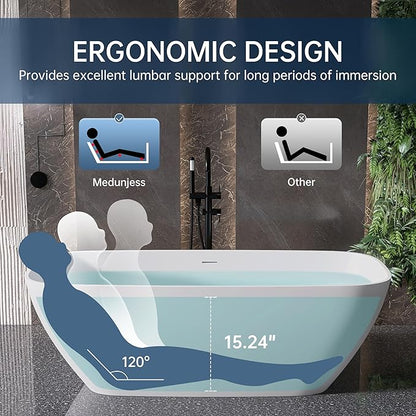59'' Freestanding Bathtub Resin Stone Deep Soaking Tubs Solid Surface Matte Tub with Overflow and Pop-up Drain