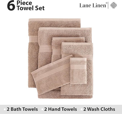 LANE LINEN 100% Mercerized Cotton Luxury Bathroom Towels Set - 6 Pieces - Ring Spun Technology - 2 Bath, 2 Washcloths, 2 Hand Towels - Suitable for All Skin Types Including Sensitive Skin - Taupe