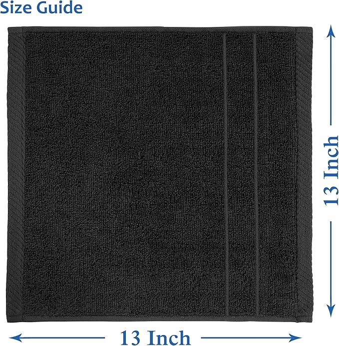 Casa Platino 100% Cotton Washcloths 6 Pack - Spa & Salon Quality Face Cloths - Ring Spun, Soft & Absorbent Wash Cloths for Body, Beauty, Home, Gym - Fingertip Towels Set- 13"x13", Black Towels Set