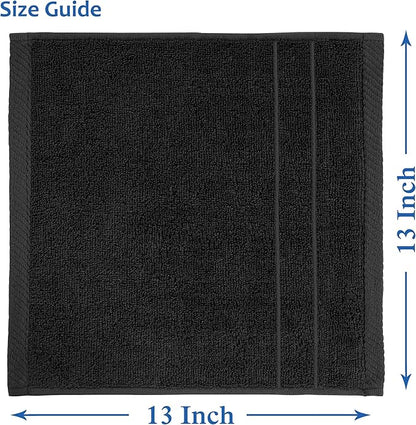 Casa Platino 100% Cotton Washcloths 6 Pack - Spa & Salon Quality Face Cloths - Ring Spun, Soft & Absorbent Wash Cloths for Body, Beauty, Home, Gym - Fingertip Towels Set- 13"x13", Black Towels Set