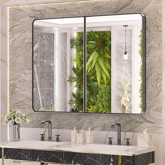 Keonjinn 40 x 32 Inch Large Black Medicine Cabinets, Recessed Bathroom Medicine Cabinet, Gloss Black Stainless Steel Framed, Sturdy & Heavy, Adjustable Shelves, Oversized Bathroom Mirror with Storage